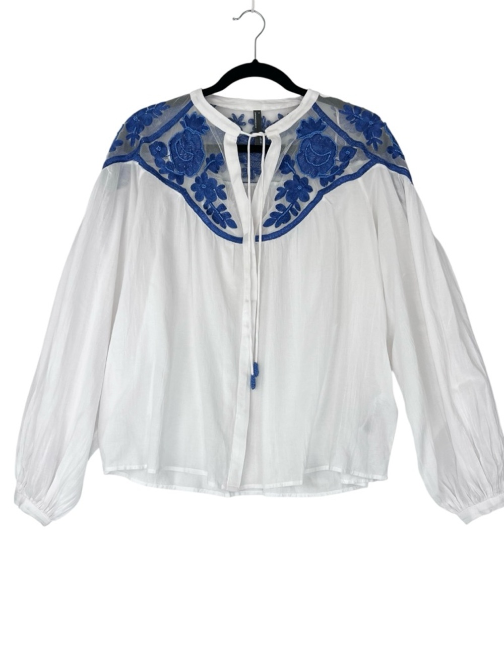 Anthropologie Long-Sleeve Lace Blouse White Blue Sz S Embroidered Beaded Relaxed - Picture 3 of 16